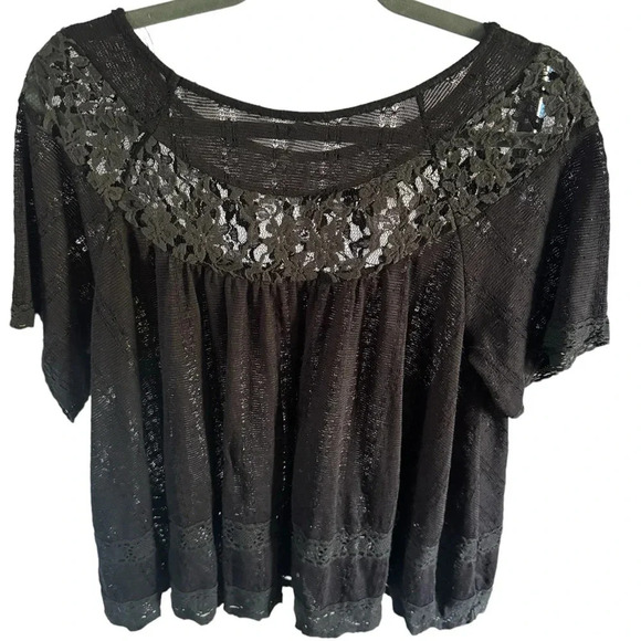 Free People Dandelion Pointelle Knit Blouse Black Lace Top - Picture 4 of 7